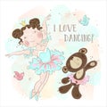 Little ballerina girl dancing with a bear. I love dancing. Inscription. Vector Royalty Free Stock Photo