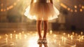 Little ballerina legs in pink dance shoes and tutu. Light festive background. Copy space. Generative AI