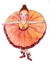 Little ballerina in orange dress. Reverence. Royalty Free Stock Photo