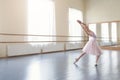 Little ballerina practicing ballet positions in light class