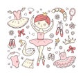 Little ballerina and a set of ballet accessories. Hand drawn tutu, pointes, ballet dress, swan, crown. Isolated vector