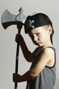 Little barbarian.Boy in Carnival Costume.Angry warrior.Masquerade.Pirate Child.Halloween Royalty Free Stock Photo