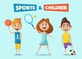Little basketball, tennis and football players. Cartoon vector illustration