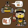 Funny little mechanic with armored vehicle cartoon