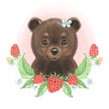 Little bear and raspberry. The bear sits in leaves and berry. Cute cartoon character. Isolated on White background.