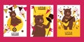 Little bear showman set of banners, posters vector illustration. Circus performance. Happy bear riding unicycle and Royalty Free Stock Photo