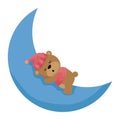 little bear teddy with hat sleeping in moon Royalty Free Stock Photo