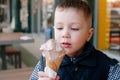 Little beautiful Boy eating ice cream, cafe. Royalty Free Stock Photo