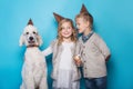 Little beautiful girl and handsome boy with dog celebrate birthday. Friendship. Family. Studio portrait over blue background Royalty Free Stock Photo