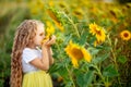 A little beautiful girl holds a sunflower in a field in summer Royalty Free Stock Photo