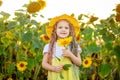 A little beautiful girl holds a sunflower in a field in summer Royalty Free Stock Photo