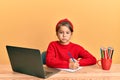 Little beautiful girl studying using computer laptop puffing cheeks with funny face Royalty Free Stock Photo