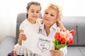 Little beautiful granddaughter gives her grandmother a bouquet of pink tulips. The concept of family, respect Royalty Free Stock Photo