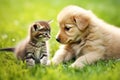 Little beautiful kitten, puppy play happily in the grass, blurred nature background. Royalty Free Stock Photo