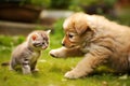 Little beautiful kitten, puppy play happily in the grass, blurred nature background. Royalty Free Stock Photo