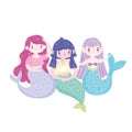 Little beautiful mermaids characters multicolor tails cartoon