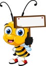 Little bee cartoon holding blank board Royalty Free Stock Photo