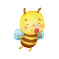 Little bee character smells a red flower. Happy cute insect watercolor illustration.