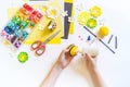 Little bee crafts. Children`s hands are creative work Royalty Free Stock Photo