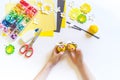 Little bee crafts. Children`s hands are creative work Royalty Free Stock Photo