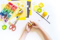 Little bee crafts. Children`s hands are creative work Royalty Free Stock Photo