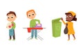 Little Big-eyed Boy Ironing Clothes on Ironing-table and Girl Discarding Rubbish in Dustbin Vector Set