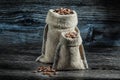 Little and big sacks of coffee beans Royalty Free Stock Photo
