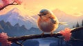 Little bird on a branch of a tree against the background of mountains generated ai Royalty Free Stock Photo