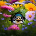 Little bird in a flower garden. Colorful spring flowers background. Royalty Free Stock Photo