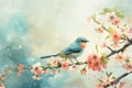 Little bird sitting on branch of blossom cherry tree. Spring time Royalty Free Stock Photo