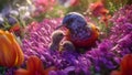 A little bird with two babies sitting in beautiful flowers. AI Generated