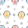 Little bird wearing headphones seamless pattern with cute cartoon animal background hand drawn in children`s style