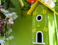 Little birdhouse in spring over blossom cherry tree and ladybird