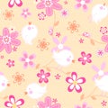 Little birds with flowers seamless pattern