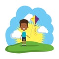 little black boy flying kite in the field Royalty Free Stock Photo