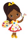 Little Black Girl with Palette and Paint Brush. Vector Little Artist