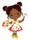 Little Black Girl with Palette and Paint Brush. Vector Little Artist