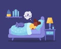 Little black girl sleeping in bedroom with cat. Healthy sleep. Vector illustration Royalty Free Stock Photo