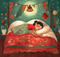 a little black-haired girl sleeps with a lamp on