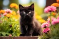 Little Black Kitten Sitting Among Flowers Royalty Free Stock Photo
