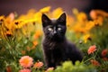 Little Black Kitten Sitting Among Flowers Royalty Free Stock Photo