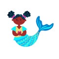 Little Black Mermaid with curly hair. Pretty Afro siren with scales. Cutie Girl with fish tail. Fantastic marine female