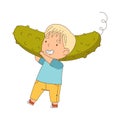 Little Blond Boy Carrying Huge Cucumber Vector Illustration Royalty Free Stock Photo