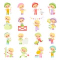 Little Blond Boy and Girl Farmer in Jumpsuit and Hat at Farm Working in the Garden Big Vector Set Royalty Free Stock Photo