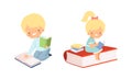 Little Blond Boy and Girl Reading Book Sitting on the Floor Vector Set