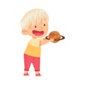 Little Blond Boy Holding Toy Planet Studying Space and Galaxy in Kindergarden Vector Illustration Royalty Free Stock Photo