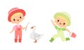 Little Blond Boy in Jumpsuit and Hat at Farm Running with Bucket and with Goose Vector Set