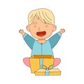 Little Blond Boy Opening Gift Box Rejoicing at Present Vector Illustration Royalty Free Stock Photo