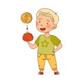 Little Blond Boy Putting Coin in His Purse Vector Illustration