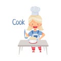 Little Blond Girl in Apron Standing at Kitchen Table and Cooking Porridge in Saucepan Vector Illustration Royalty Free Stock Photo